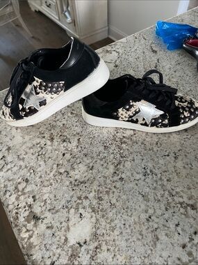 Myra Bag Black and Beige Studded Animal-Print Sneakers